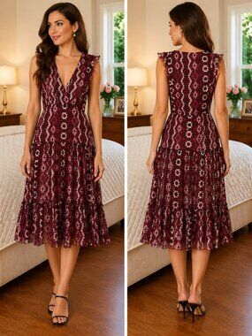 NEW Altuzarra Maroon Silk Aztec Print Midi Dress $1,595